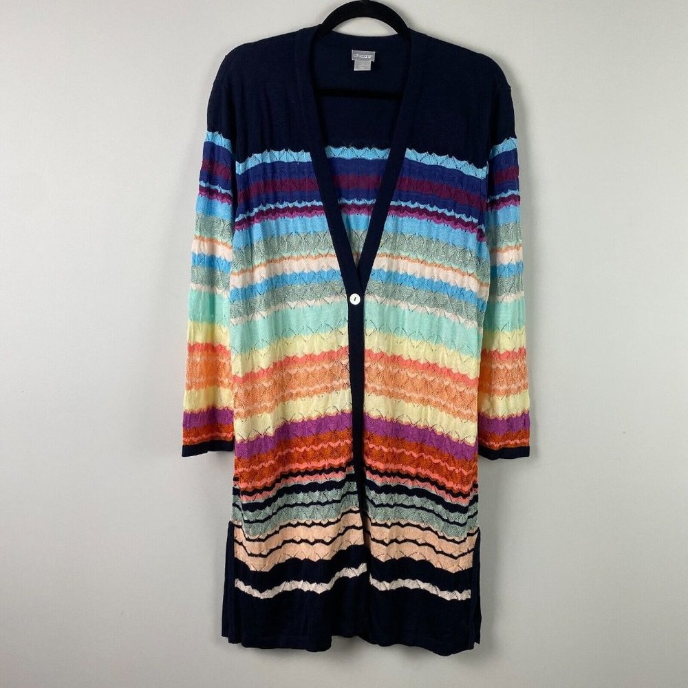 Chicos Multicolored Striped Maxi Cardigan Size 3 US XL Bracelet Sleeves